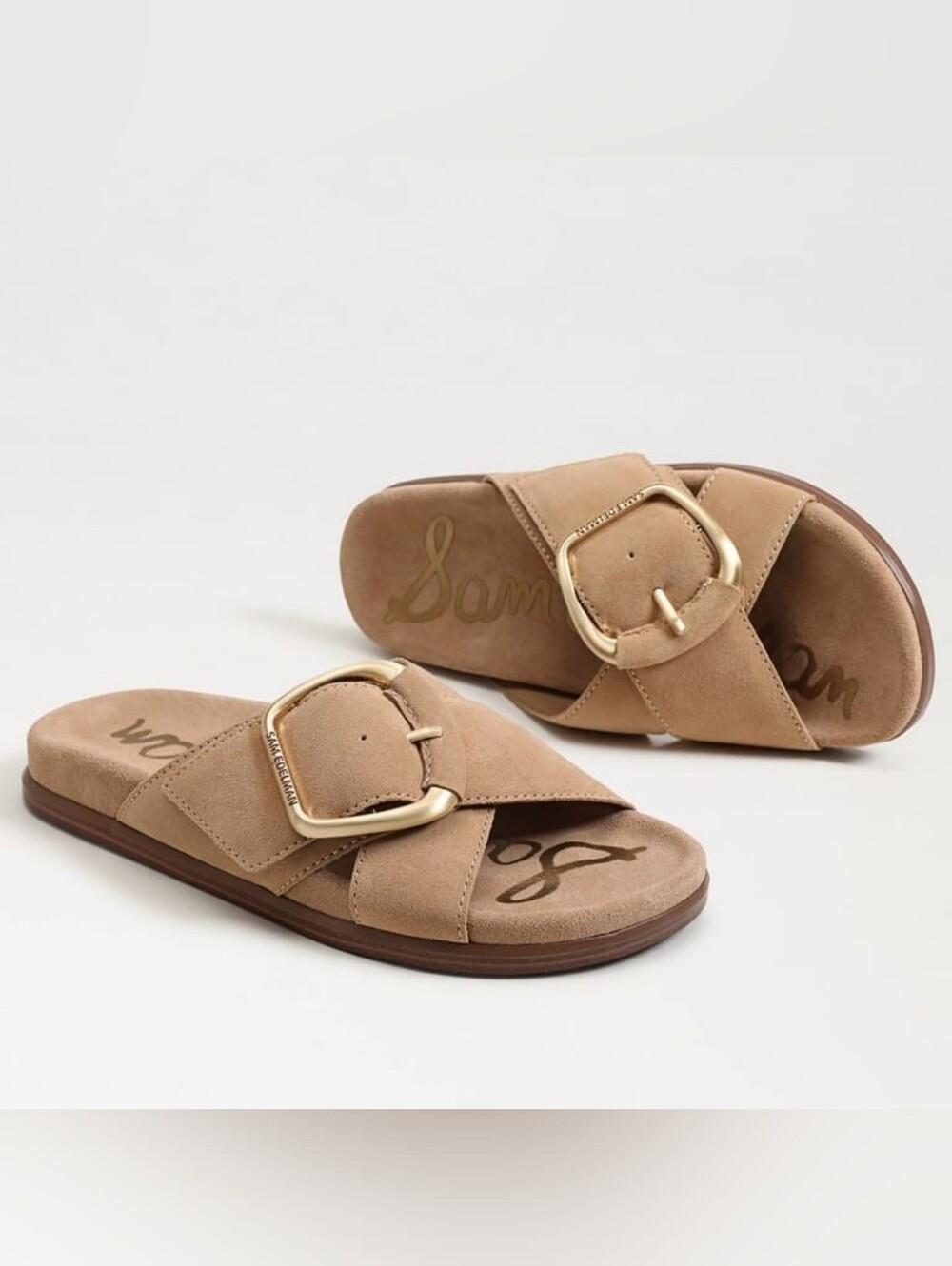Sam Edelman DARLA Tan Suede Slide Sandals with Gold Buckles Size 11